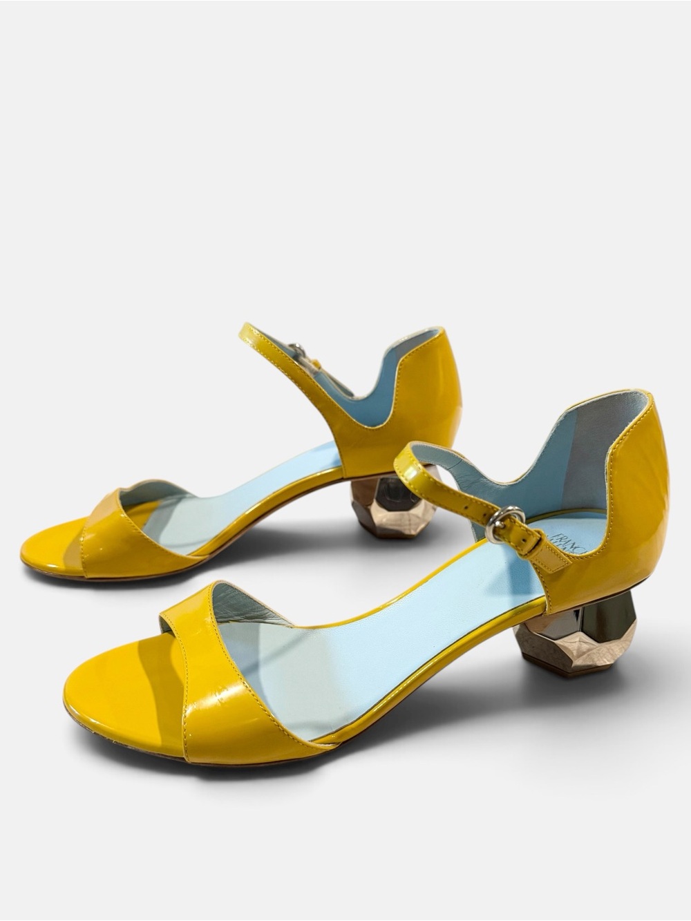 Frances Valentine Bella Mustard Yellow Patent Leather Geodome Heels Size 8